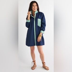 Caryn Lawn Lindsey Dress Navy Green White Trim One Size Fit Pockets Preppy
